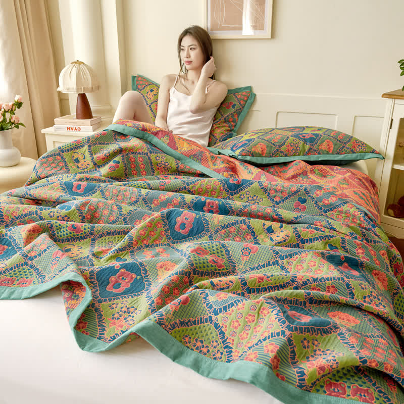 Couette en coton double épaisseur avec gaze jacquard et motif ours