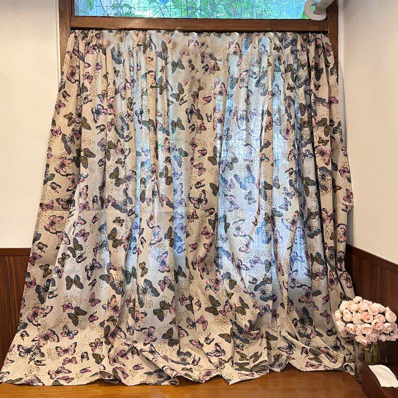 Rideau rustique en coton et lin avec imprimé papillon