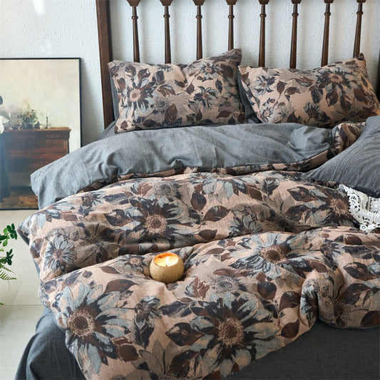 Parure de lit en coton jacquard à motif floral teint en fil (4 pièces)