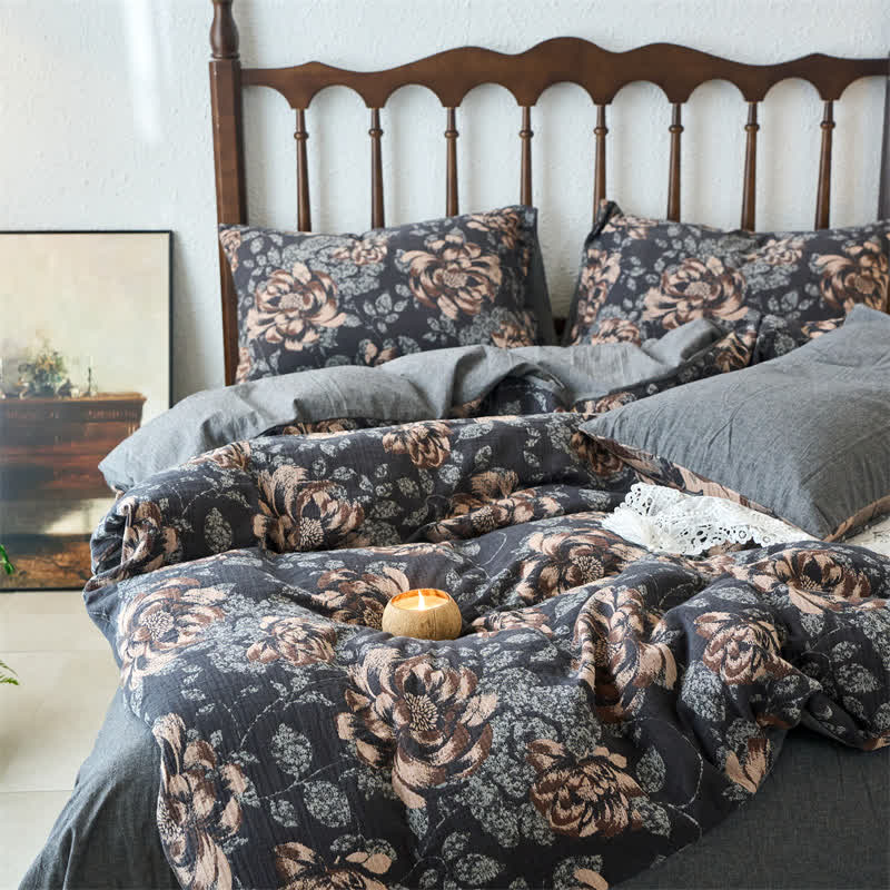 Parure de lit jacquard en gaze de coton à fleurs rétro (4 pièces)