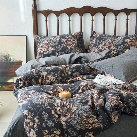 Parure de lit jacquard en gaze de coton à fleurs rétro (4 pièces)