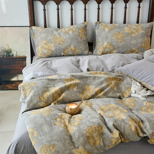 Parure de lit en gaze de coton à motif floral neutre (4 pièces)