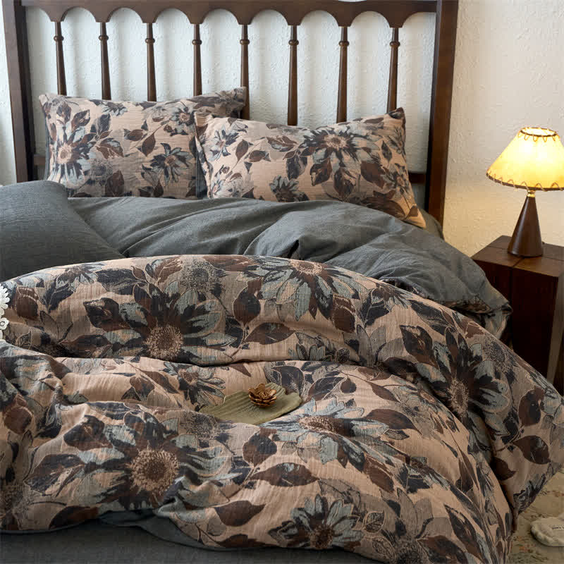 Parure de lit en coton jacquard à motif floral teint en fil (4 pièces)