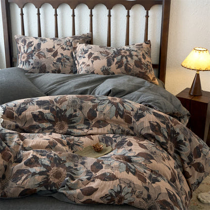 Parure de lit en coton jacquard à motif floral teint en fil (4 pièces)