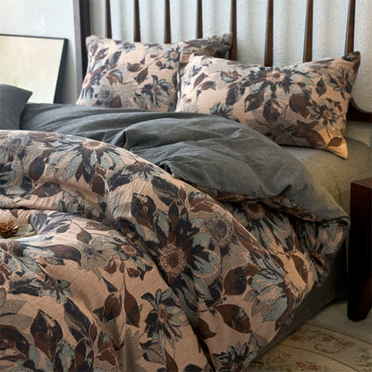 Parure de lit en coton jacquard à motif floral teint en fil (4 pièces)
