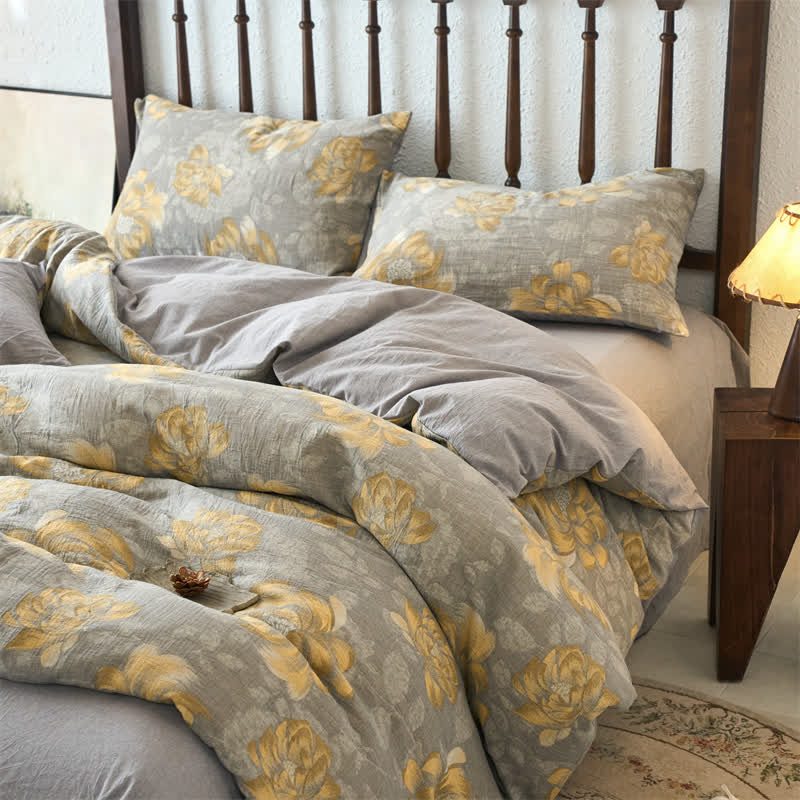 Parure de lit en gaze de coton à motif floral neutre (4 pièces)