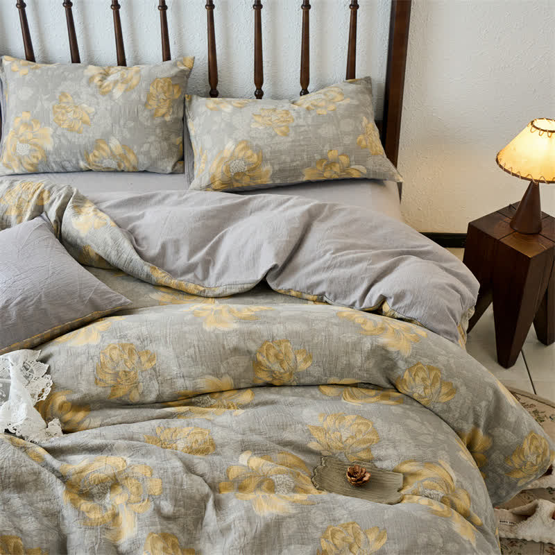 Parure de lit en gaze de coton à motif floral neutre (4 pièces)