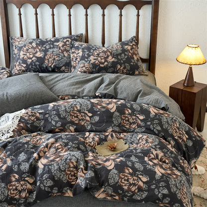 Parure de lit jacquard en gaze de coton à fleurs rétro (4 pièces)
