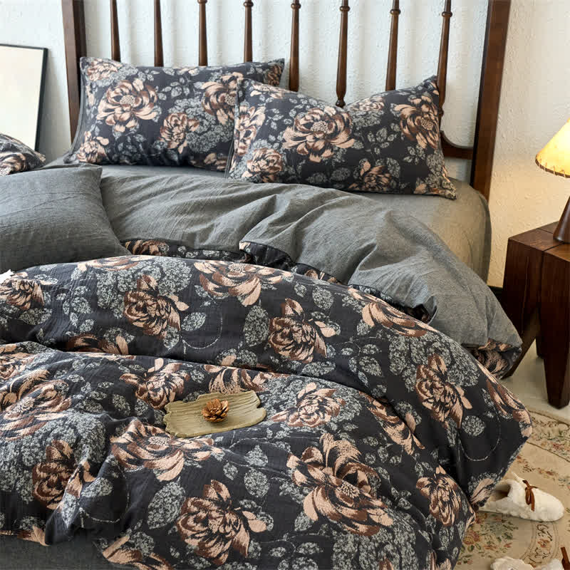 Parure de lit jacquard en gaze de coton à fleurs rétro (4 pièces)