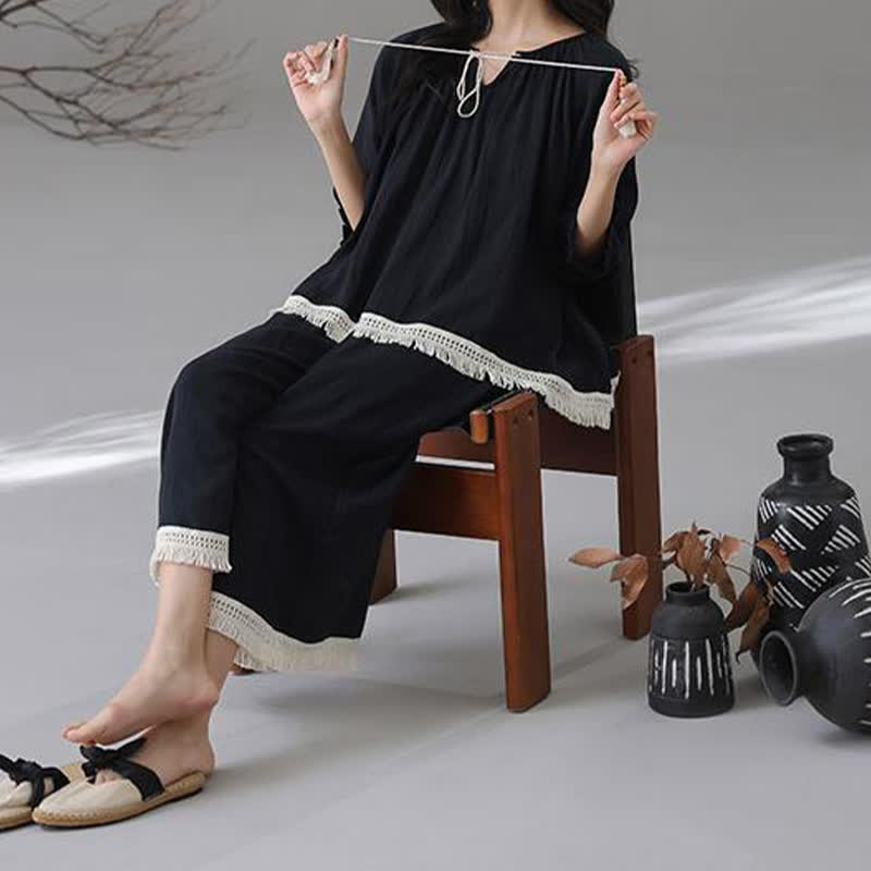 Ensemble de vêtements de détente amples en coton et bambou avec pompons