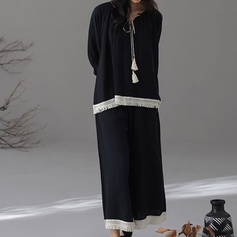 Ensemble de vêtements de détente amples en coton et bambou avec pompons