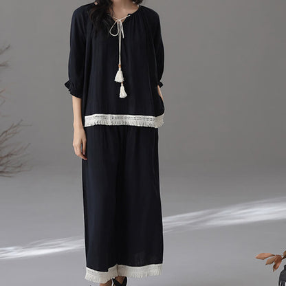 Ensemble de vêtements de détente amples en coton et bambou avec pompons
