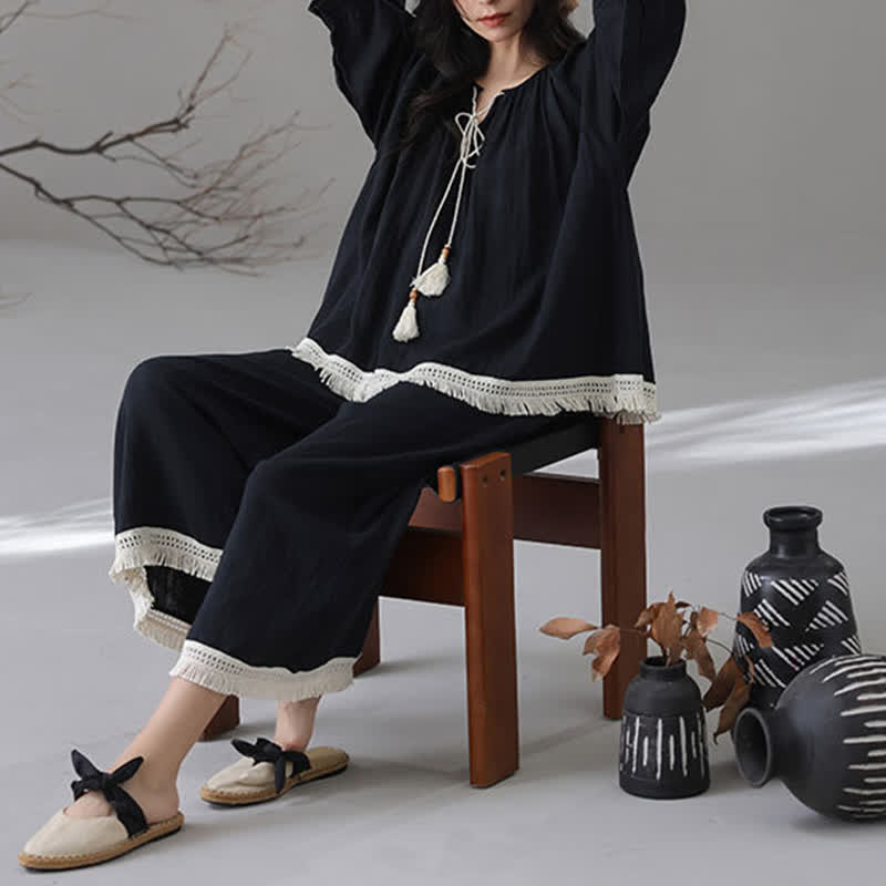 Ensemble de vêtements de détente amples en coton et bambou avec pompons