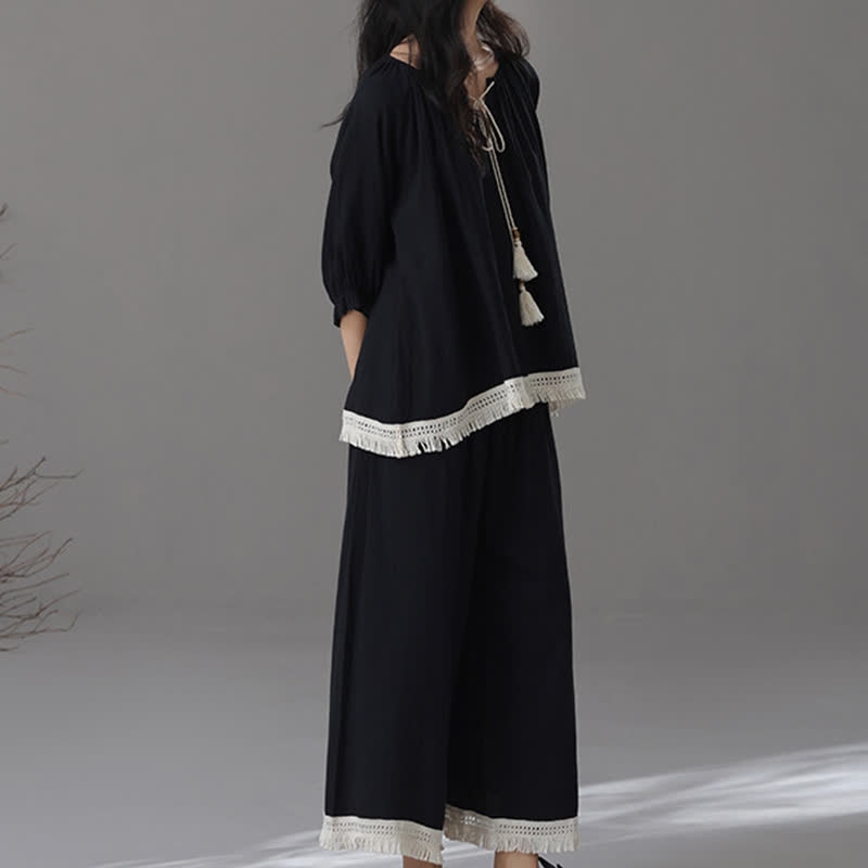 Ensemble de vêtements de détente amples en coton et bambou avec pompons