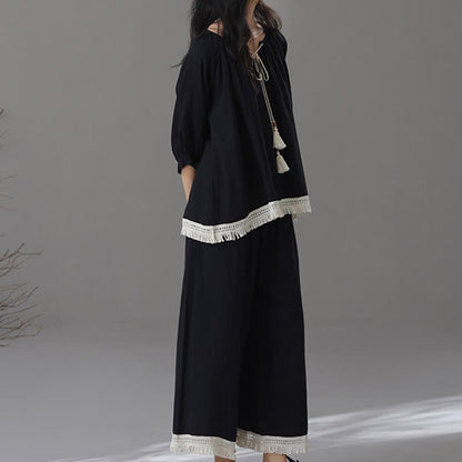 Ensemble de vêtements de détente amples en coton et bambou avec pompons