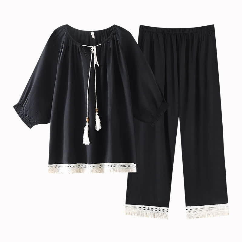 Ensemble de vêtements de détente amples en coton et bambou avec pompons