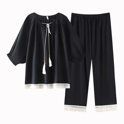 Ensemble de vêtements de détente amples en coton et bambou avec pompons