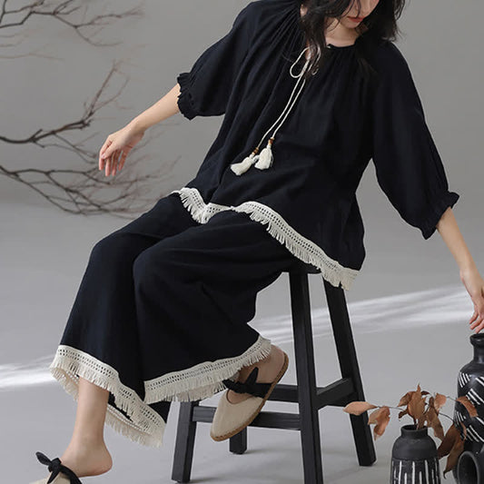Ensemble de vêtements de détente amples en coton et bambou avec pompons
