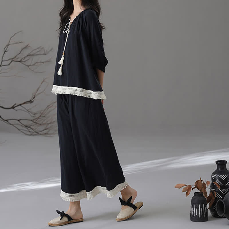 Ensemble de vêtements de détente amples en coton et bambou avec pompons