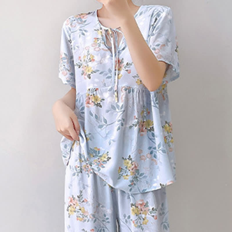 Ensemble de vêtements de détente à imprimé floral et feuilles avec lien sur le devant