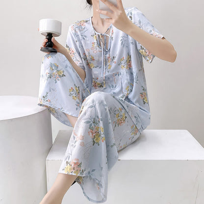 Ensemble de vêtements de détente à imprimé floral et feuilles avec lien sur le devant