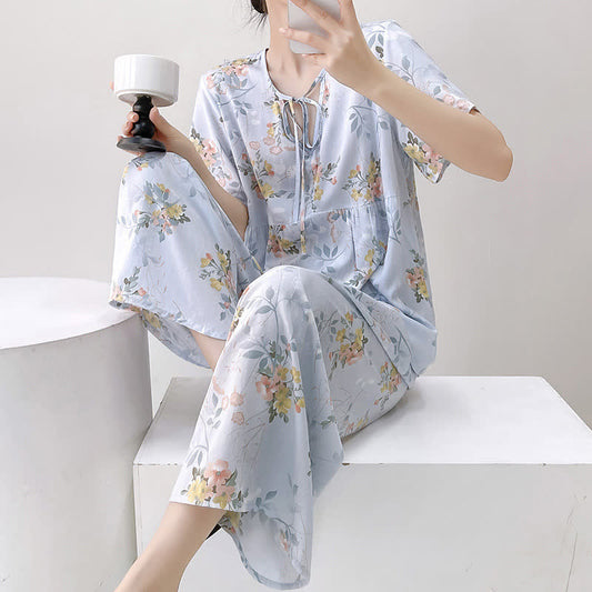 Ensemble de vêtements de détente à imprimé floral et feuilles avec lien sur le devant