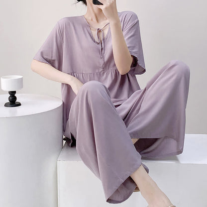 Ensemble de vêtements de détente à imprimé floral et feuilles avec lien sur le devant