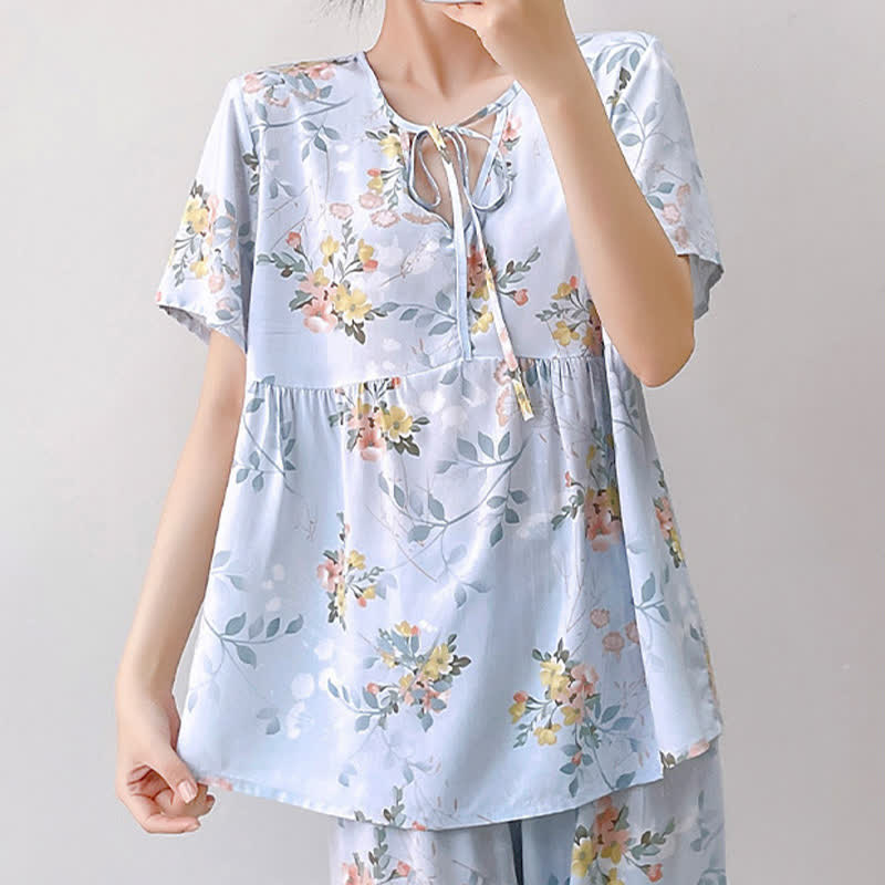 Ensemble de vêtements de détente à imprimé floral et feuilles avec lien sur le devant