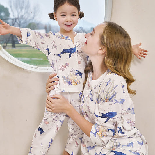 Ensemble pyjama parent-enfant en fibre de bambou « Monde sous-marin »