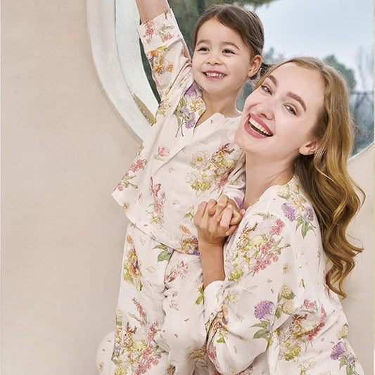 Ensemble pyjama parent-enfant à motif floral en fibre de bambou