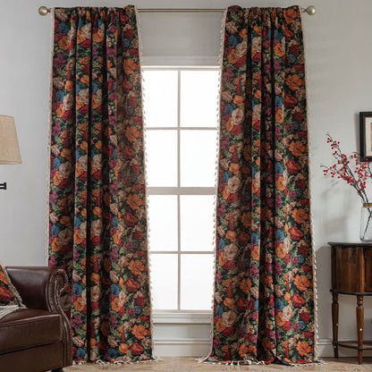 Rideau jacquard semi-occultant à motif floral et pompons
