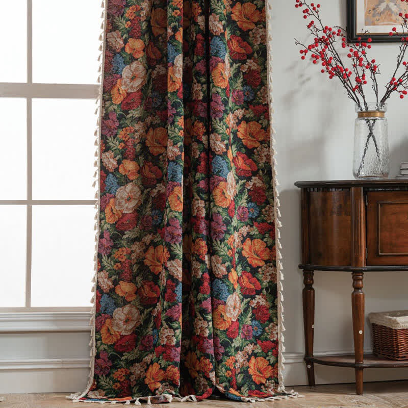 Rideau jacquard semi-occultant à motif floral et pompons