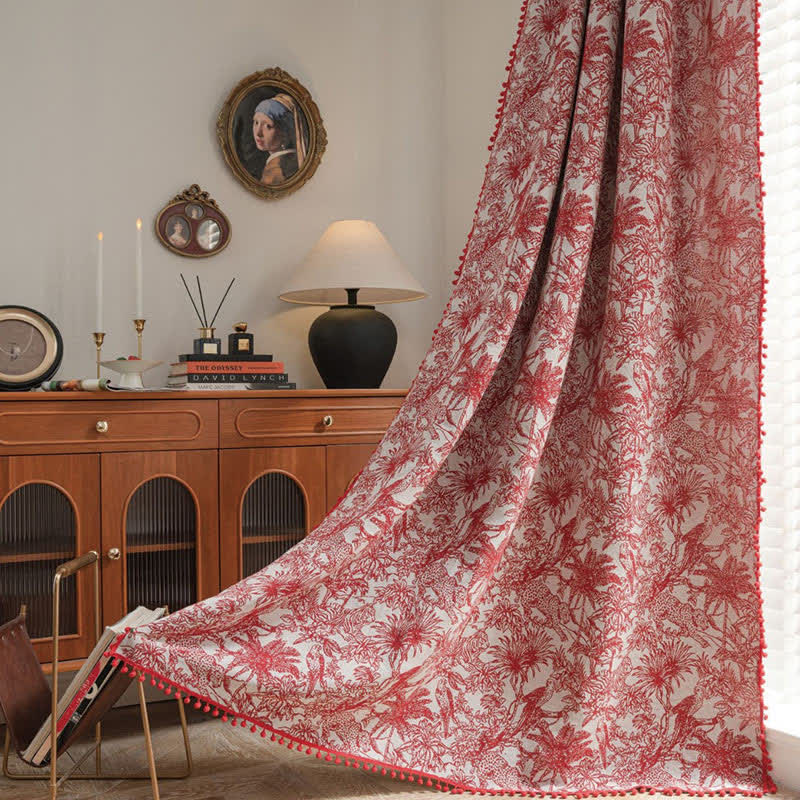 Rideau jacquard semi-occultant à motif floral et pompons