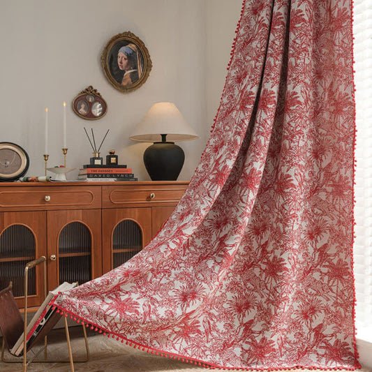 Rideau jacquard semi-occultant à motif floral et pompons