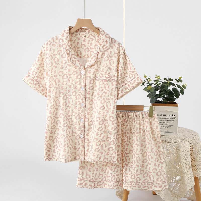 Ensemble pyjama en gaze de coton à revers imprimé léopard (3 pièces)