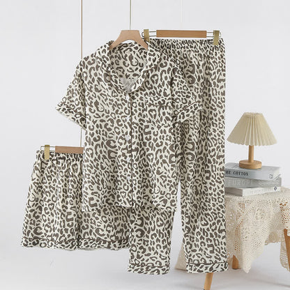 Ensemble pyjama en gaze de coton à revers imprimé léopard (3 pièces)