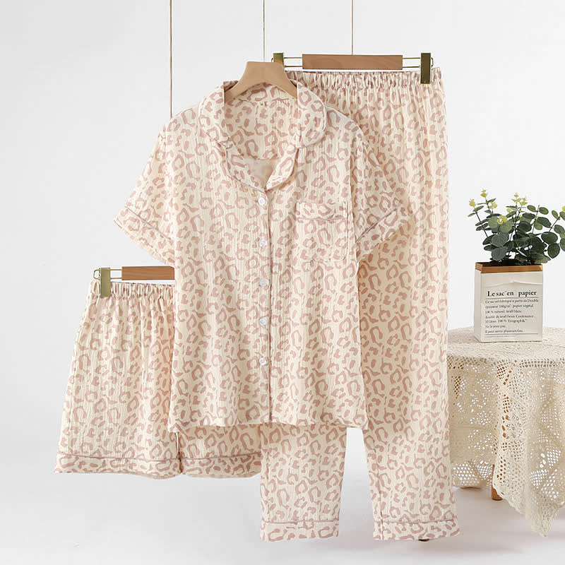 Ensemble pyjama en gaze de coton à revers imprimé léopard (3 pièces)
