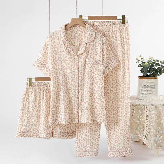 Ensemble pyjama en gaze de coton à revers imprimé léopard (3 pièces)