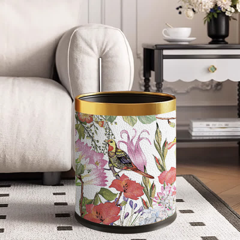 Corbeille à papier en cuir élégante et durable avec motif floral et oiseau