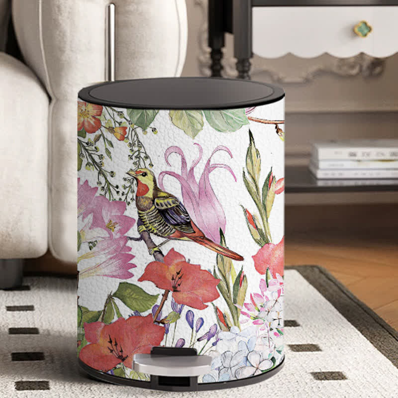 Corbeille à papier en cuir élégante et durable avec motif floral et oiseau