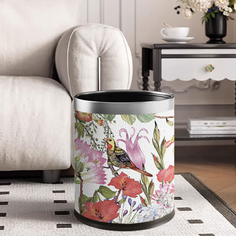 Corbeille à papier en cuir élégante et durable avec motif floral et oiseau