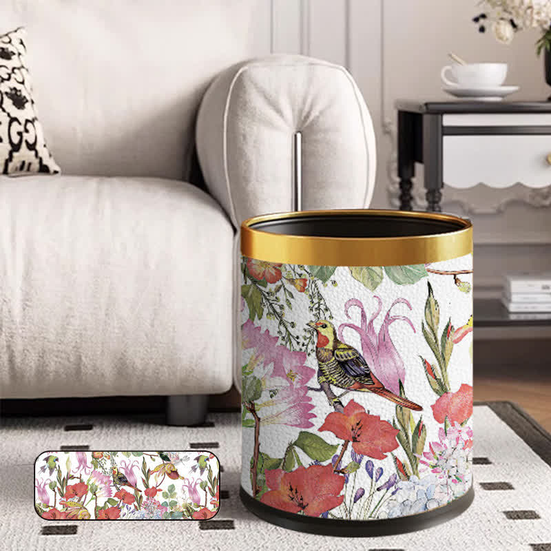 Corbeille à papier en cuir élégante et durable avec motif floral et oiseau
