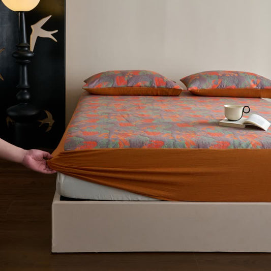 Drap-housse teint en fil en gaze de coton douce de style vintage
