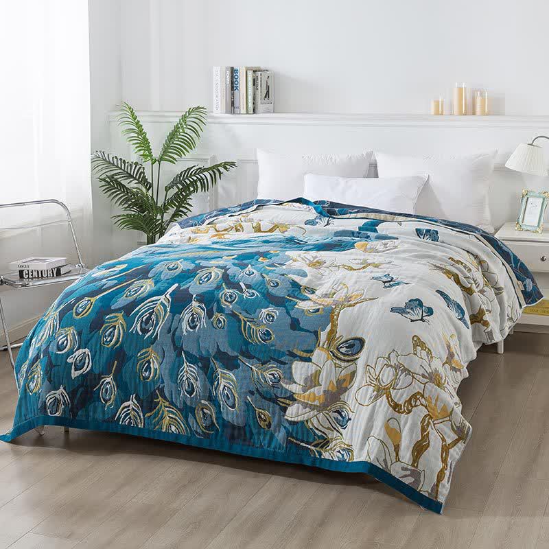 Couette confortable en gaze de coton jacquard avec motif paon