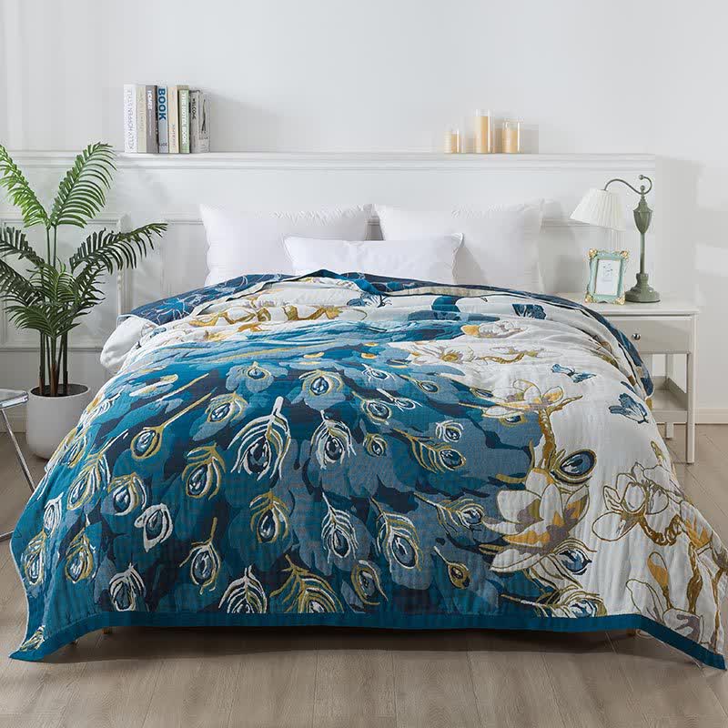 Couverture confortable en gaze de coton jacquard avec motif paon