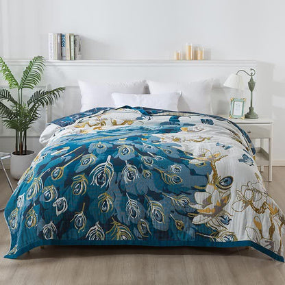 Couverture confortable en gaze de coton jacquard avec motif paon