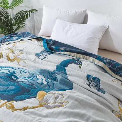 Couverture confortable en gaze de coton jacquard avec motif paon