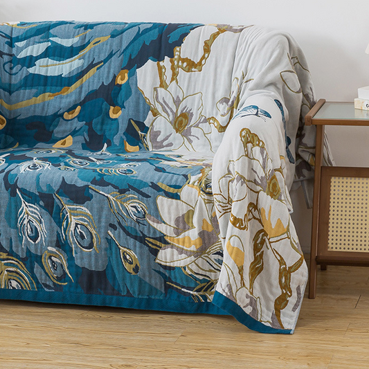 Couverture confortable en gaze de coton jacquard avec motif paon