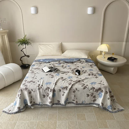 Couette confortable en gaze de coton à quatre couches avec pompon