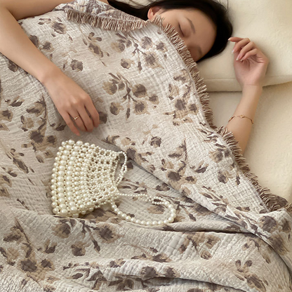 Couette réversible en gaze de coton avec motif floral vintage et pompons